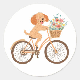 Cute Goldendoodle Dog Biking Spring Flowers Classic Round Sticker
