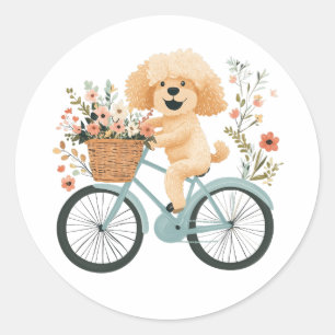 Cute Goldendoodle Dog Biking Spring Flowers Classic Round Sticker