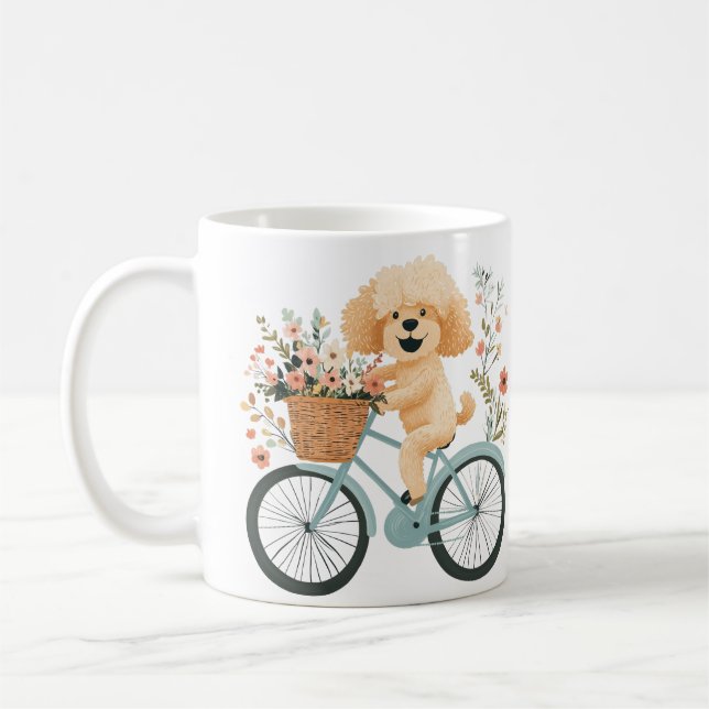Cute Goldendoodle Dog Biking Spring Flowers Coffee Mug (Left)