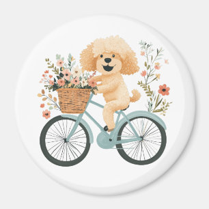 Cute Goldendoodle Dog Biking Spring Flowers Magnet