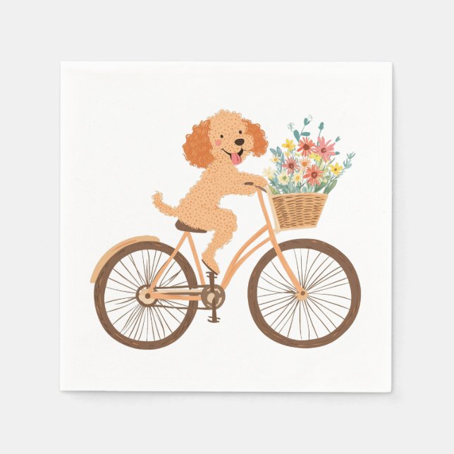 Cute Goldendoodle Dog Biking Spring Flowers Napkin (Front)