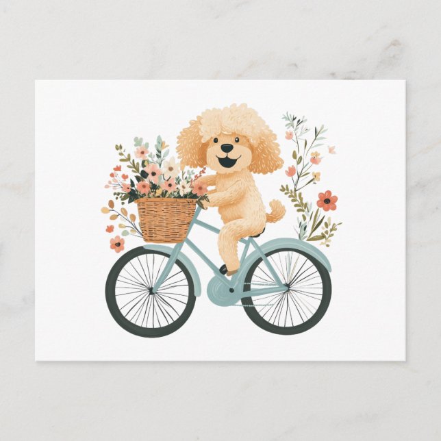 Cute Goldendoodle Dog Biking Spring Flowers Postcard (Front)