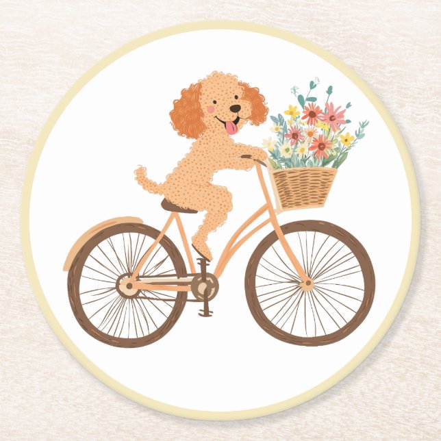 Cute Goldendoodle Dog Biking Spring Flowers Round Paper Coaster (Front)