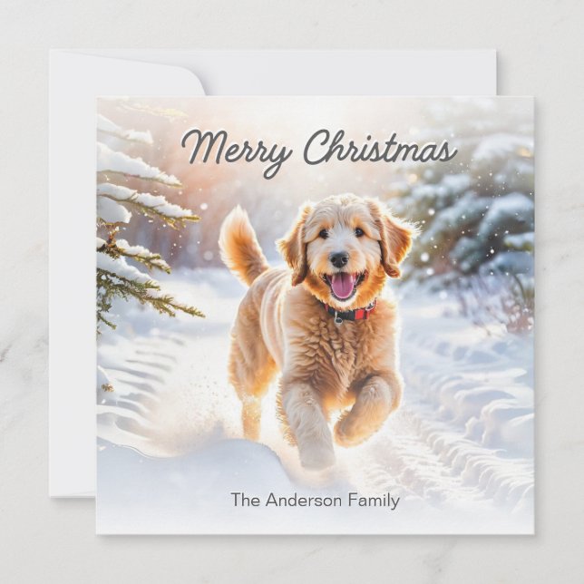 Cute Goldendoodle Dog In Snow Merry Christmas Holiday Card (Front)