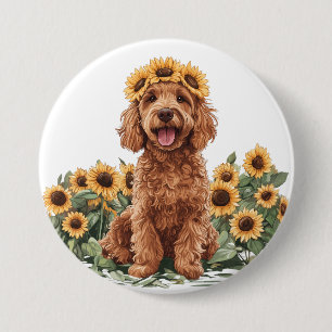 Cute Goldendoodle Dog Wearing A Sunflower Crown 7.5 Cm Round Badge