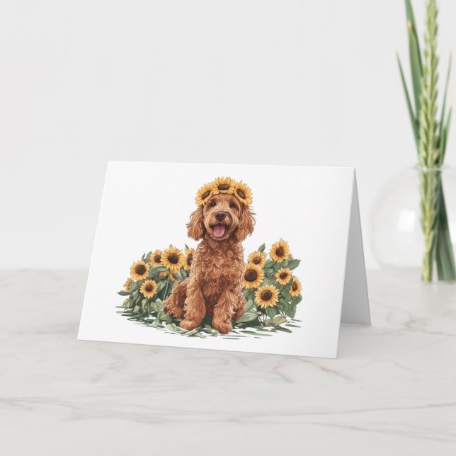 Cute Goldendoodle Dog Wearing A Sunflower Crown Card (Front)