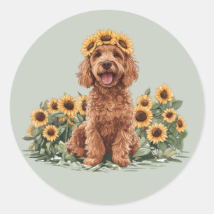 Cute Goldendoodle Dog Wearing A Sunflower Crown Classic Round Sticker