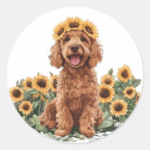 Cute Goldendoodle Dog Wearing A Sunflower Crown Classic Round Sticker