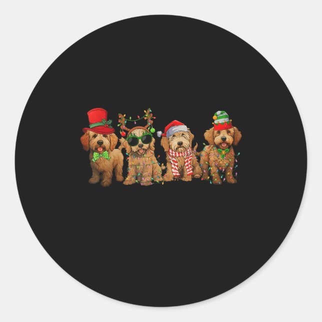 Cute Goldendoodle Dogs Christmas Lights Golden Doo Classic Round Sticker (Front)