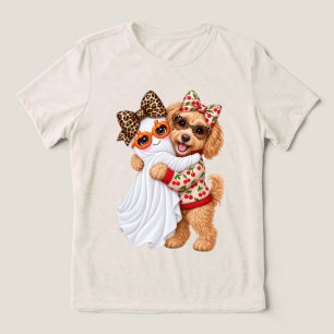 Cute Goldendoodle Ghost Halloween Autumn Art Tri-Blend Shirt