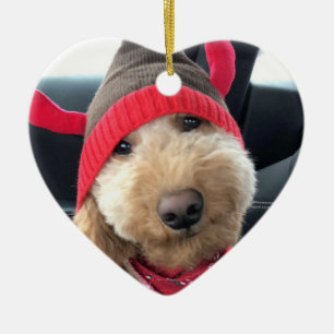 Cute Goldendoodle in His Christmas Outfit Ceramic Ornament