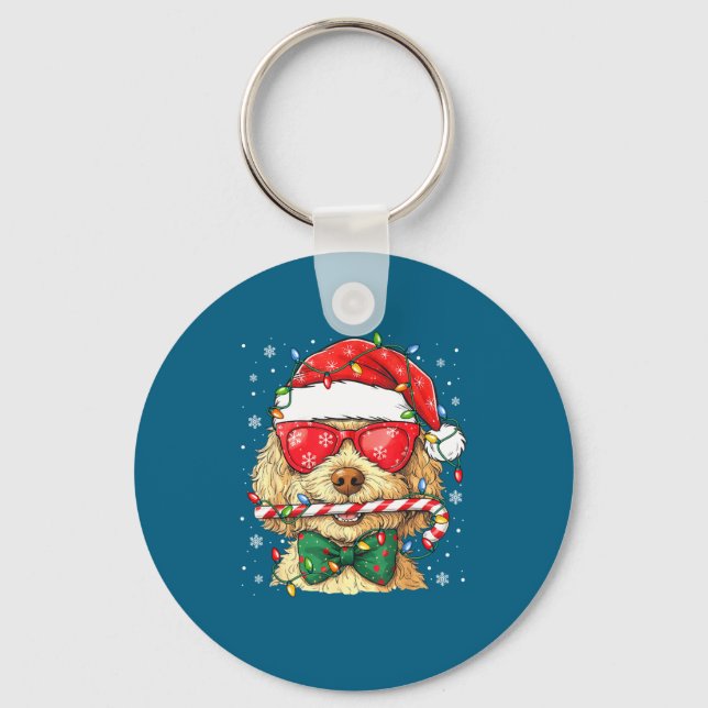 Cute Goldendoodle Santa Hat Xmas Lights Goldendood Key Ring (Front)