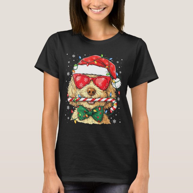 Cute Goldendoodle Santa Hat Xmas Lights Goldendood T-Shirt (Front)