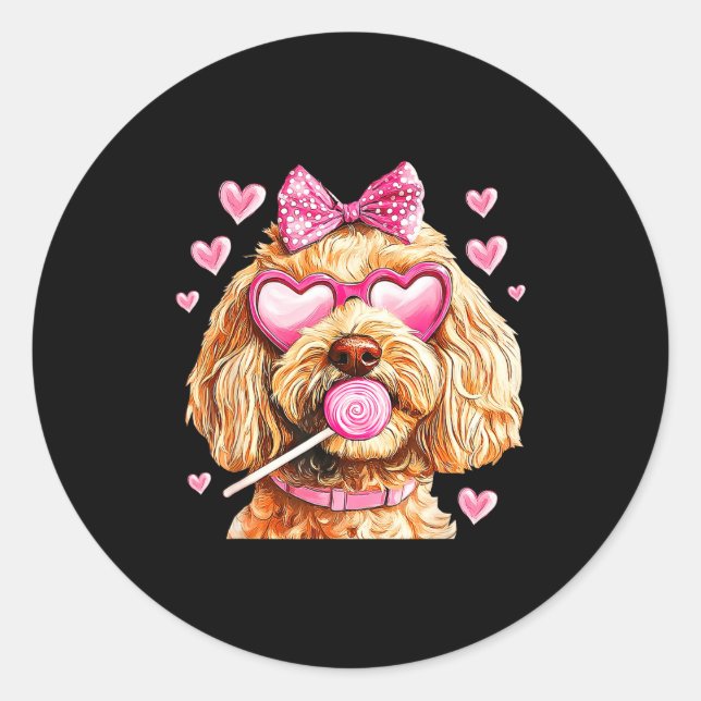 Cute Goldendoodle Wearing Gles Heart Puppy Valenti Classic Round Sticker (Front)