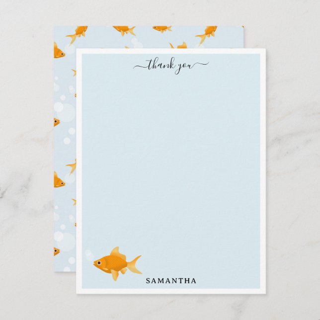 Cute Goldfish Swimming in Water Custom Name Thank You Card (Front/Back)
