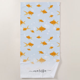 Cute Goldfish Swimming in Water Script Custom Name Beach Towel