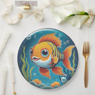 Cute Goldfish Swimming Underwater with Bubbles Paper Plate