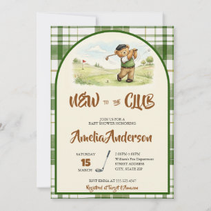 Cute Golf Teddy Bear New to the Club Baby Shower Invitation