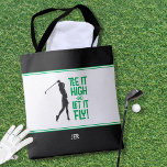 Cute Golfer Golf Humour Funny Modern Black White  Tote Bag<br><div class="desc">Cute golfer quote "Tee It High & Let it Fly!" design features a fun mid-century font in kelley green combined with a female golfer silhouette also in black. The background is black & white with white & green stripes. Customise with monogrammed initials, name or short text with the simple-to-use template....</div>