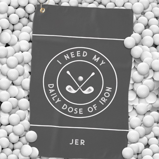 Cute Golfer Humour Golf Iron Sports Equipment Grey Golf Towel (I Need My Daily Dose of Iron Cute Golfer Humor Golf Iron Sports Equipment Gray Golf Towel)