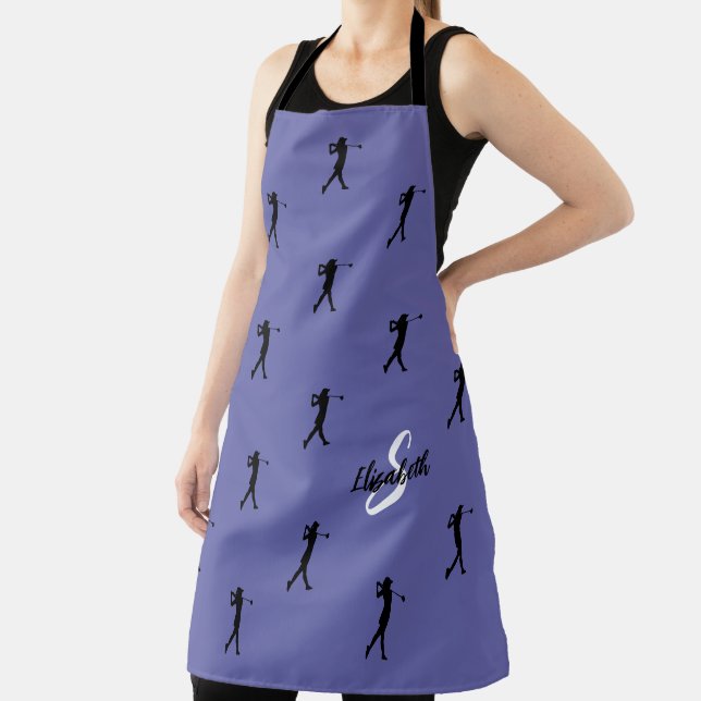 Cute Golfer Pattern Monogrammed Periwinkle Blue Ap Apron (Insitu)