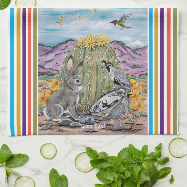 Cute Good Day Night Southwest Animal Desert Cactus Tea Towel (Folded)