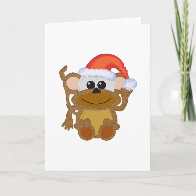 Cute Goofkins Xmas furry monkey santa Holiday Card (Front)
