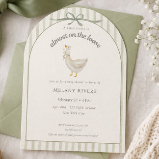 Cute Goose on the loose Sage Green Bow Baby Shower Invitation