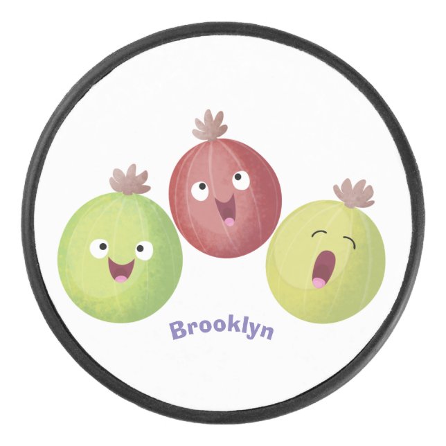 Cute gooseberry trio singing cartoon hockey puck (Front)