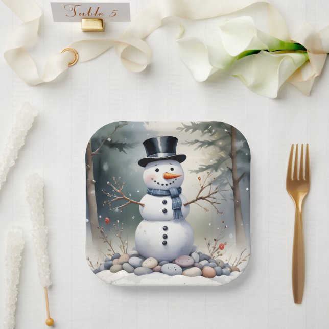 Cute Gorgeous Snowman Frosted Landscape Forest Paper Plate (Wedding)