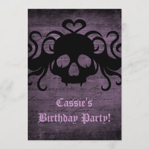 Cute goth fanged vampire skull dark purple 7"x5" invitation
