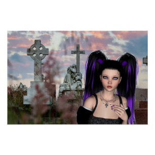 Cute Goth girl in the cemetary fro Halloween Poster