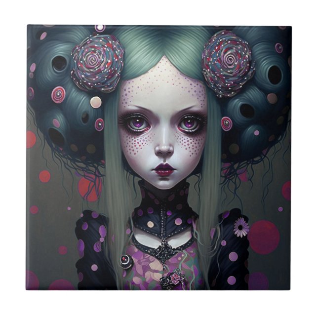 Cute Goth Girl Purple Black Fantasy Art Ceramic Tile (Front)