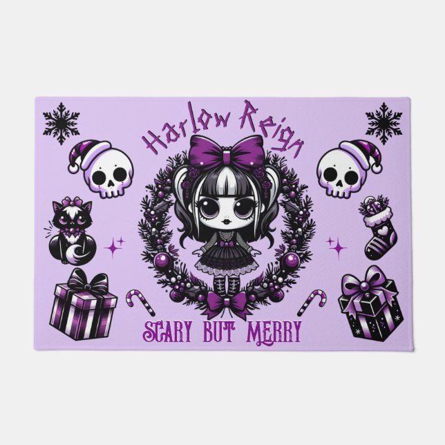 Cute Goth Girl Purple & Black Gothic Christmas Doormat (Front)