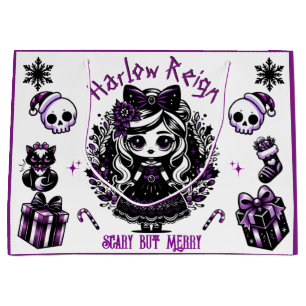 Cute Goth Girl Purple & Black Gothic Christmas Large Gift Bag