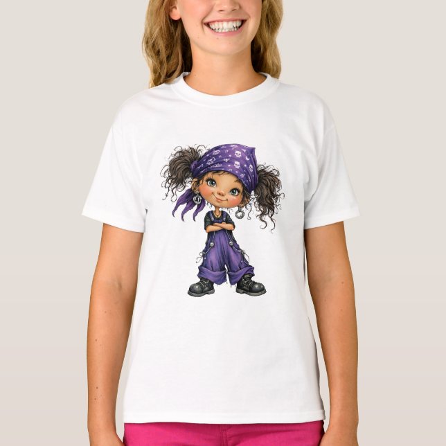 Cute Goth Girl Purple Outfit Cartoon Art T-Shirt (Front)