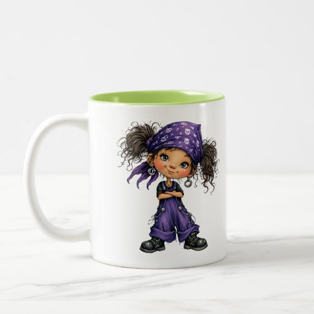 Cute Goth Girl Purple Outfit Cartoon Art Two-Tone Coffee Mug (Left)