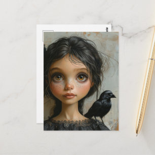 Cute Goth Girl with a Black Bird on Shoulder Postcard