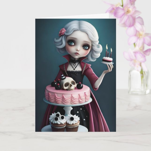 Cute goth, gothic girl with birthday cake card (Orchid)