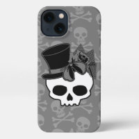 Cute Goth Skull With Top Hat Rose Bow