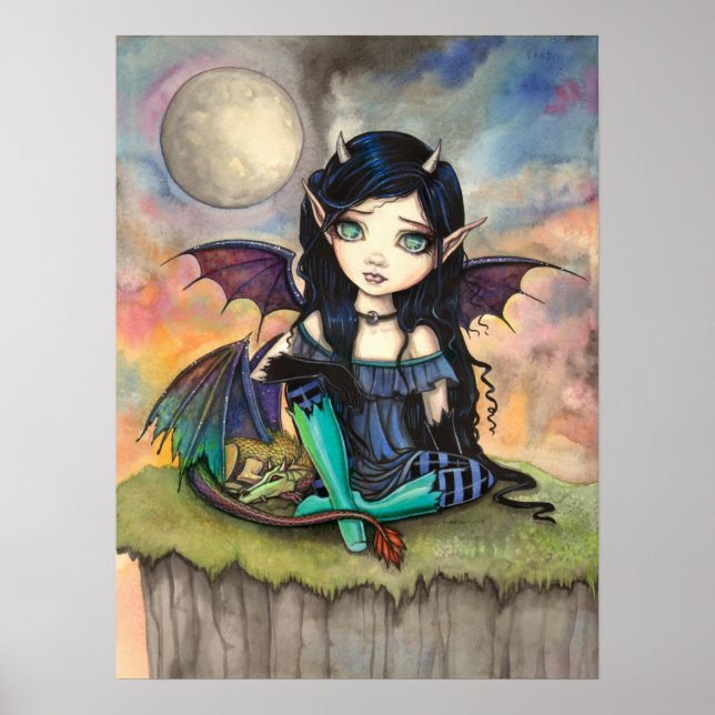 Cute Gothic Big-Eye Fairy and Dragon Fantasy Art Poster (Front)