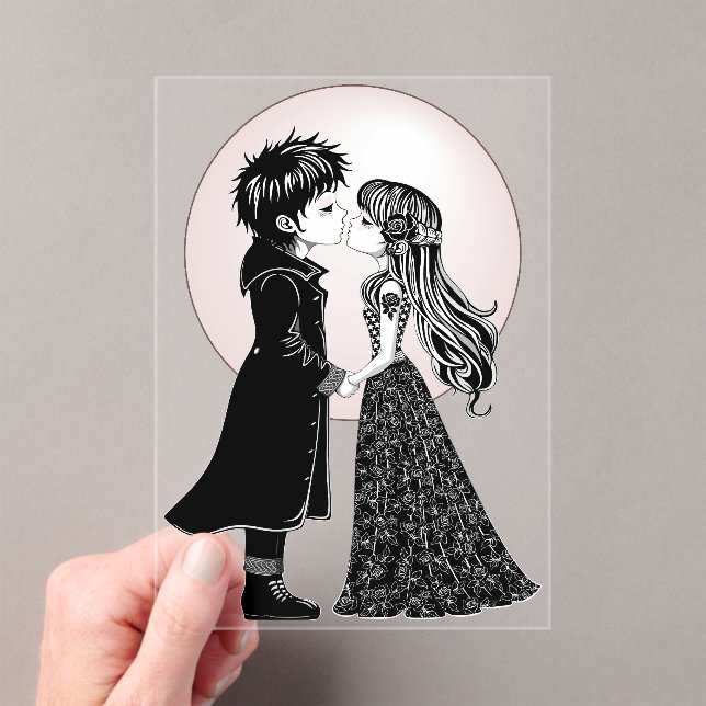 Cute Gothic Emo Kids Kiss Valentine's Day  Acrylic Invitations (Insitu (Handheld))