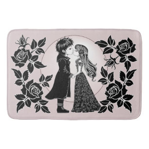 Cute Gothic Emo Kids Kiss Valentine's Day  Bath Mat