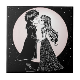 Cute Gothic Emo Kids Kiss Valentine's Day Ceramic Tile