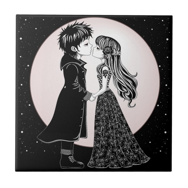 Cute Gothic Emo Kids Kiss Valentine's Day  Ceramic Tile (Front)