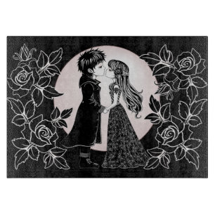 Cute Gothic Emo Kids Kiss Valentine's Day Cutting Board