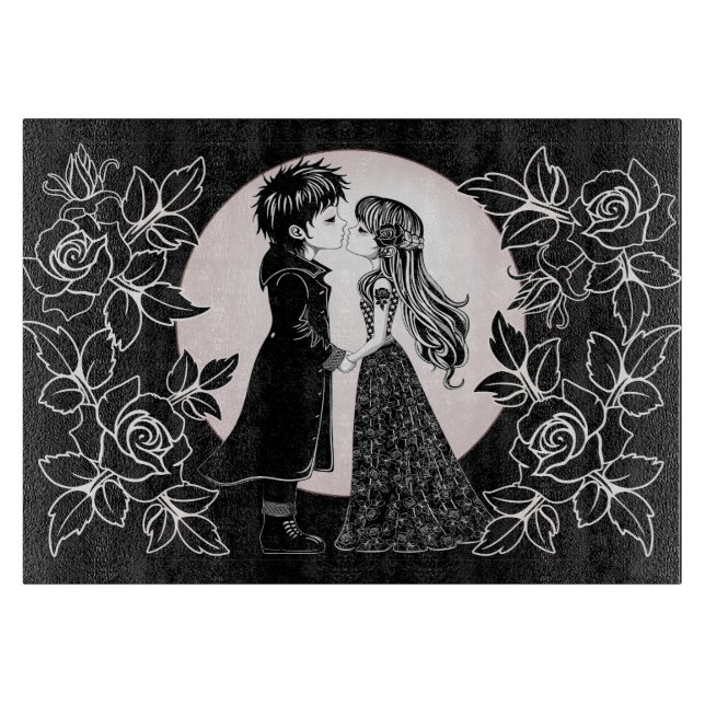 Cute Gothic Emo Kids Kiss Valentine's Day  Cutting Board (Front)