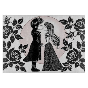 Cute Gothic Emo Kids Kiss Valentine's Day Cutting Board