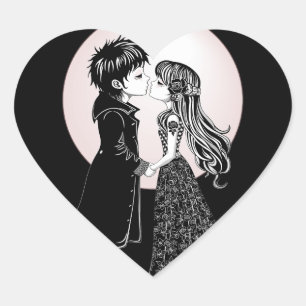 Cute Gothic Emo Kids Kiss Valentine's Day  Heart Sticker