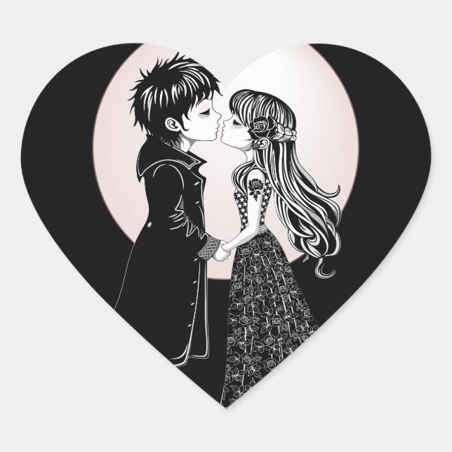 Cute Gothic Emo Kids Kiss Valentine's Day  Heart Sticker (Front)